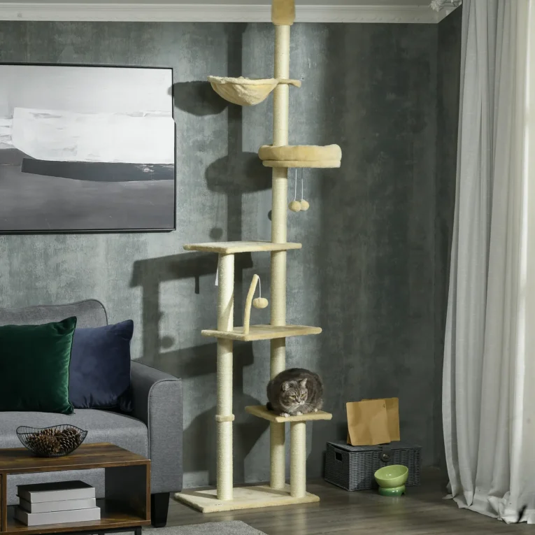Floor-to-Ceiling Cat Climbing Tower with Hammock – Beige, 230–250cm