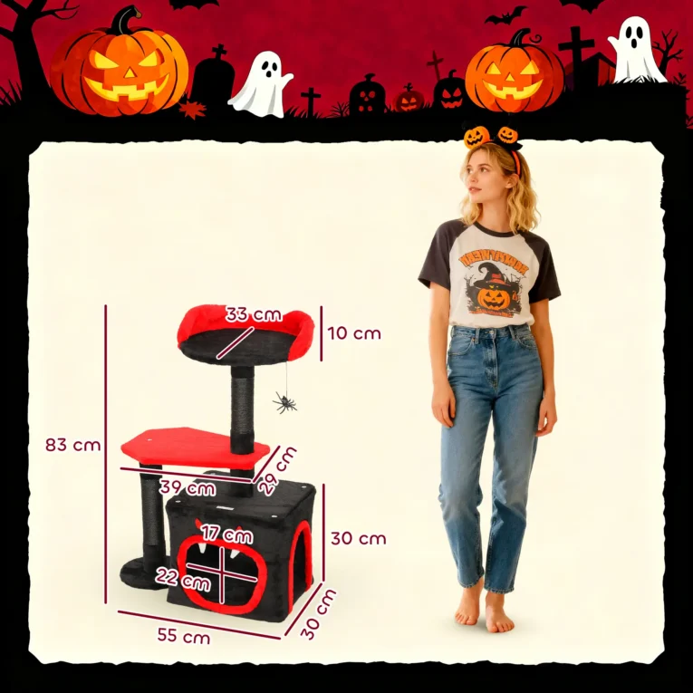 Compact Gothic Cat Tower with Coffin Platform – Black and Red, 83cm