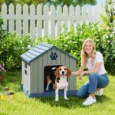 Plastic Outdoor Dog Kennel with Ventilation – Grey and Blue, 85cm