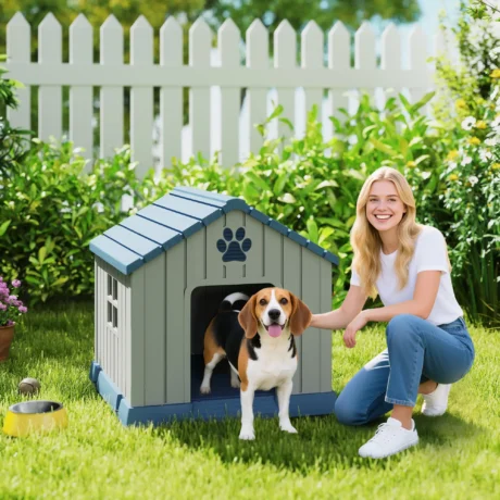 Plastic Outdoor Dog Kennel with Ventilation – Grey and Blue, 85cm