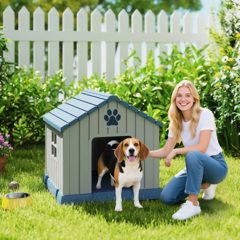 Plastic Outdoor Dog Kennel with Ventilation – Grey and Blue, 85cm