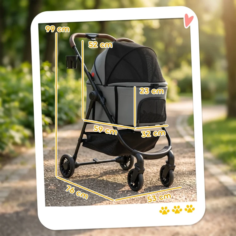 Three-in-One Pet Stroller with Detachable Carrier – Grey