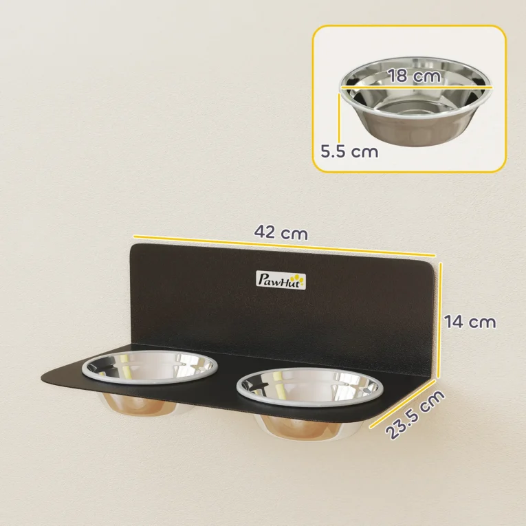 Wall-Mounted Adjustable Double Dog Bowls – Black, 800ml Each Wall-Mounted Adjustable Double Dog Bowls – Black, 800ml Each