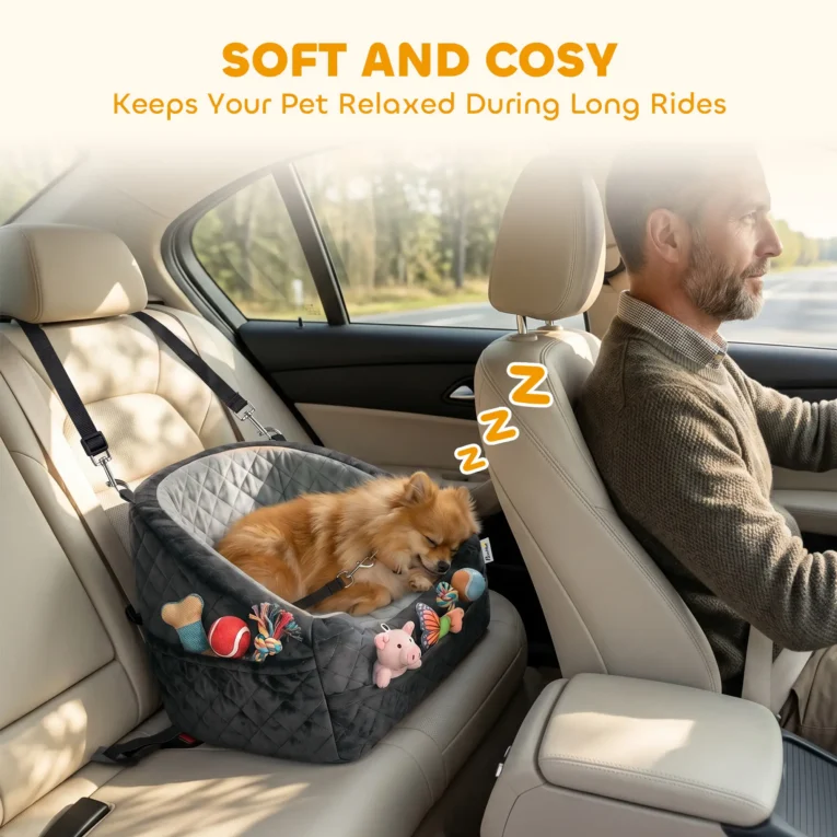 Padded Dog Car Booster Seat with Storage Pockets – Grey, 50cm Padded Dog Car Booster Seat with Storage Pockets – Grey, 50cm