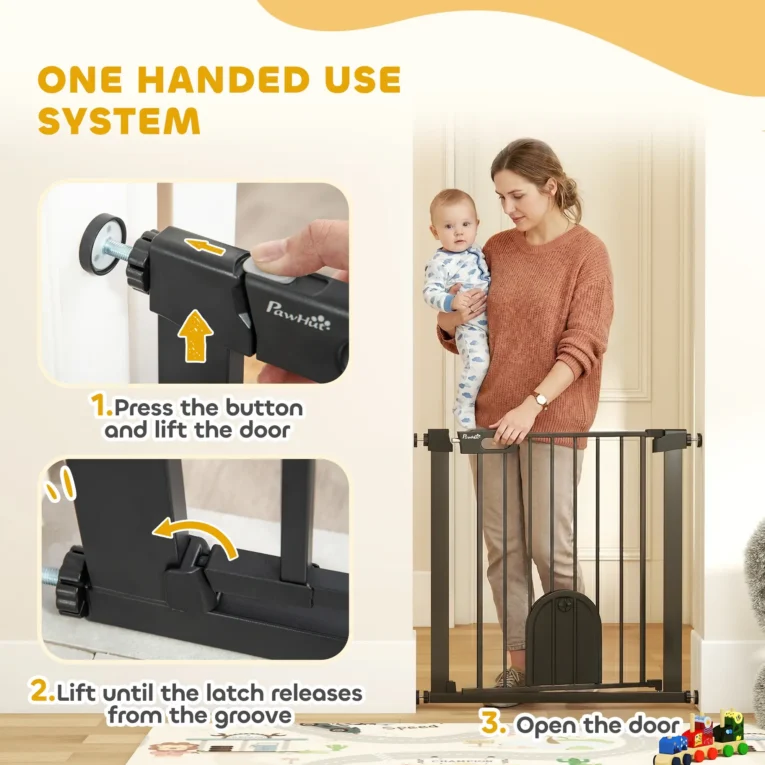 Dog Gate with Cat Flap 75-82 cm Auto Close – Black