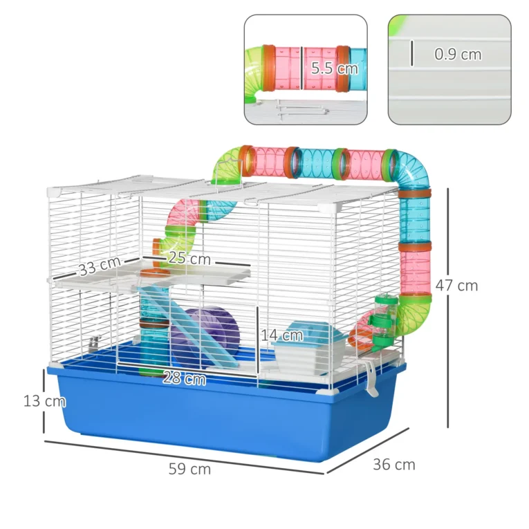 3-Level Hamster Cage with Tubes and Accessories 59x36x47cm – Blue and white