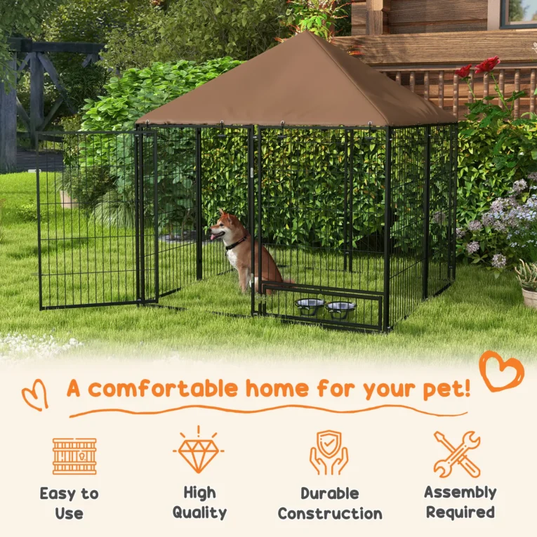 Outdoor Dog Kennel Play Pen with Canopy 141x141cm – Black, Brown