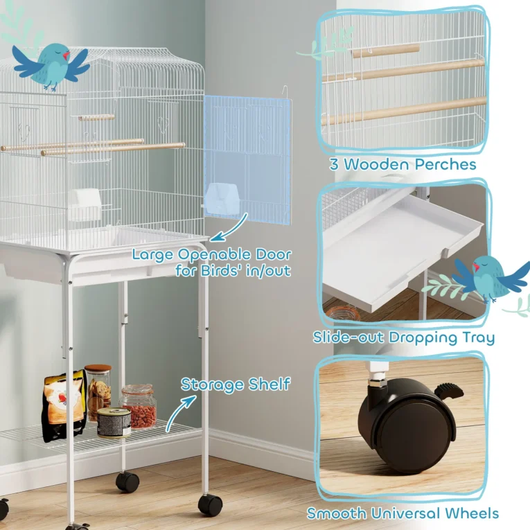 Bird Cage with Wheeled Stand and Swing – White, 124cm Bird Cage with Wheeled Stand and Swing – White, 124cm