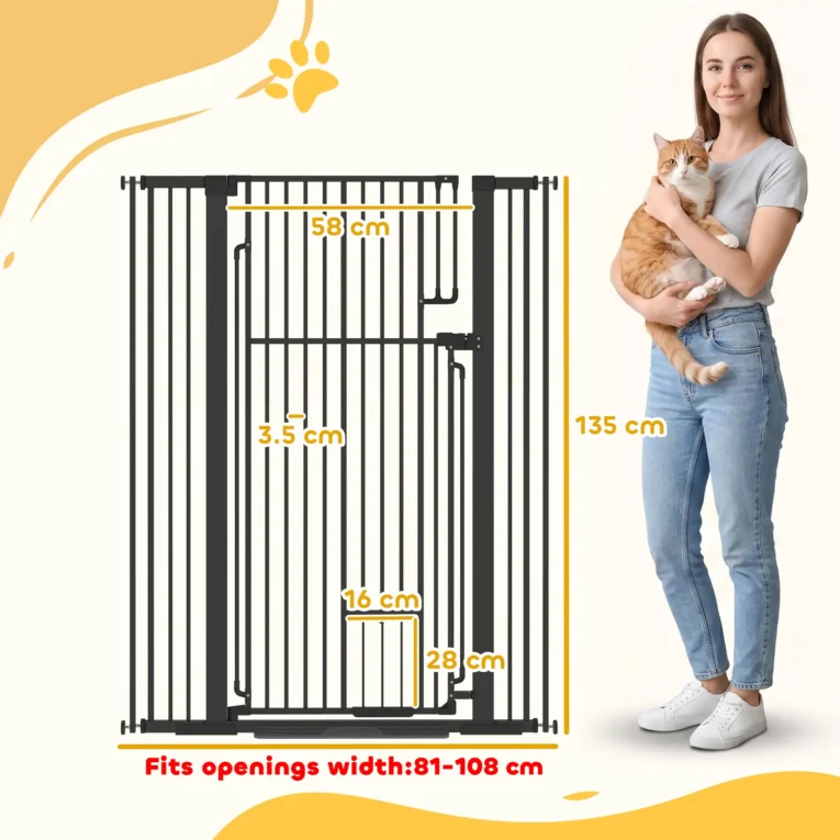 135cm Tall Steel Dog Gate with Cat Door and Extensions – Black