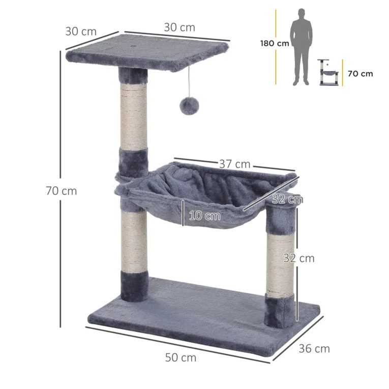 Cat Tower with Hammock and Top Perch – Grey, 70cm Cat Tower with Hammock and Top Perch – Grey, 70cm