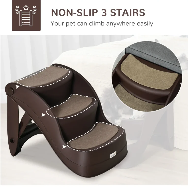 Folding Three-Step Pet Stairs – Brown, 38cm