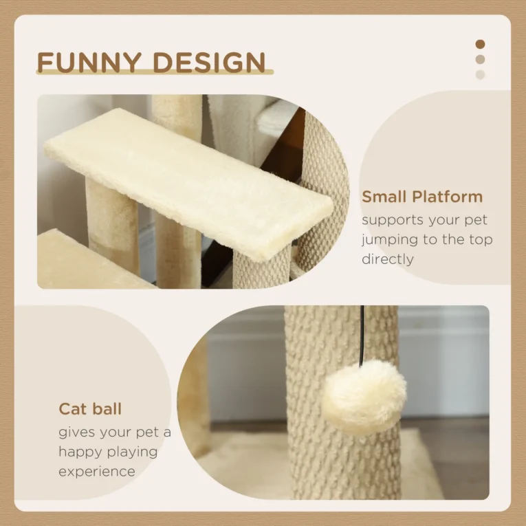 Four-Step Cat Stairs with Play Platform – Beige, 64cm
