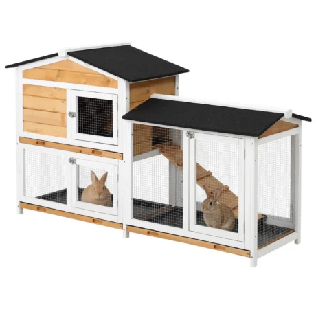 2-Tier Rabbit Hutch Wooden Outdoor Cage 157.4cm – Yellow, White, Black