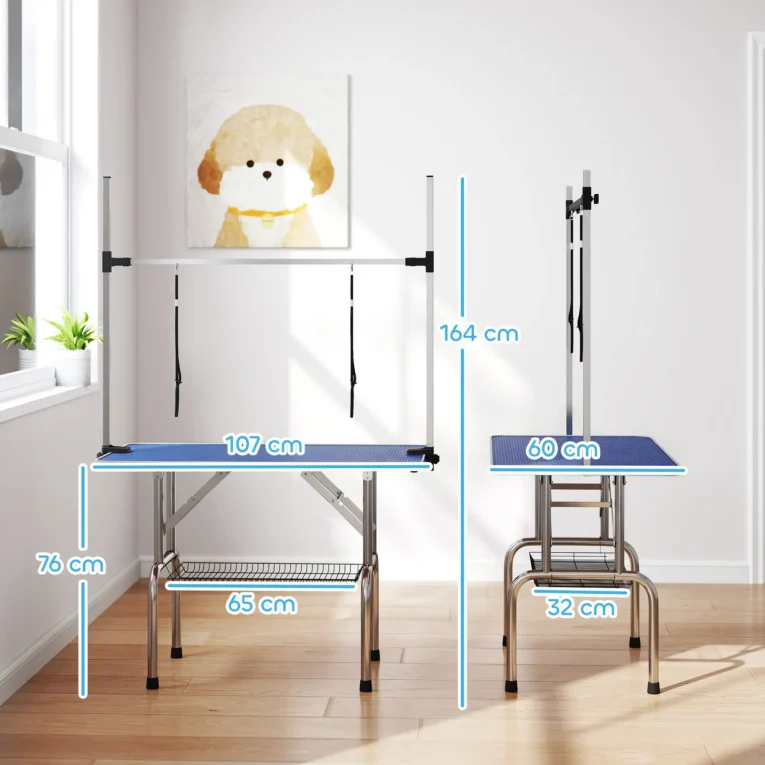 Folding Dog Grooming Table with Two Loops and Basket – Blue, 107cm