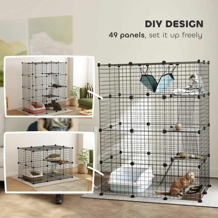 Four-Level Modular Indoor Cat Enclosure with Hammock – Black