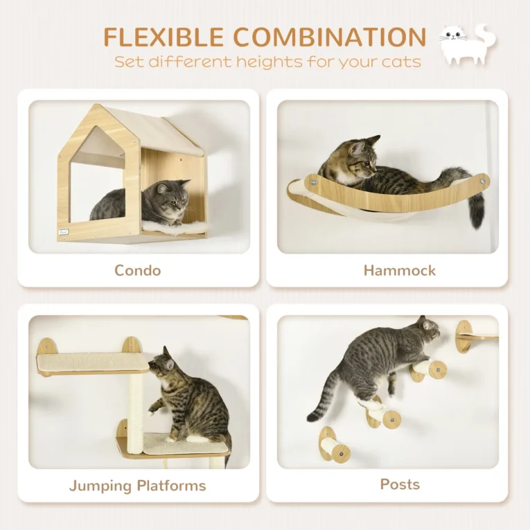 Eight-Piece Wall Cat Furniture Set with House and Steps – Oak Tone Eight-Piece Wall Cat Furniture Set with House and Steps – Oak Tone