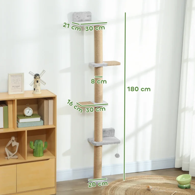 Wall-Mounted Cat Climbing Column with Four Platforms – Grey, 180cm