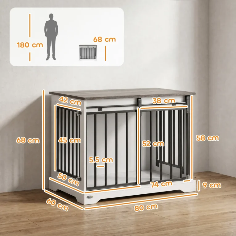 Dog Crate Side Table with Sliding Barn Door – White, 80cm