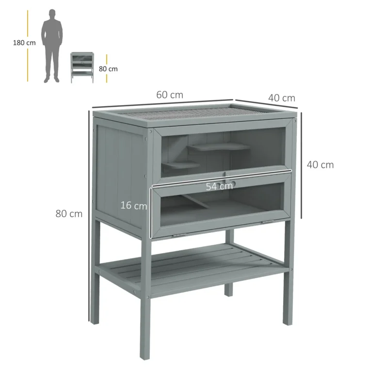 Wooden Small Rodent Enclosure with Storage Shelf – Grey, 60cm