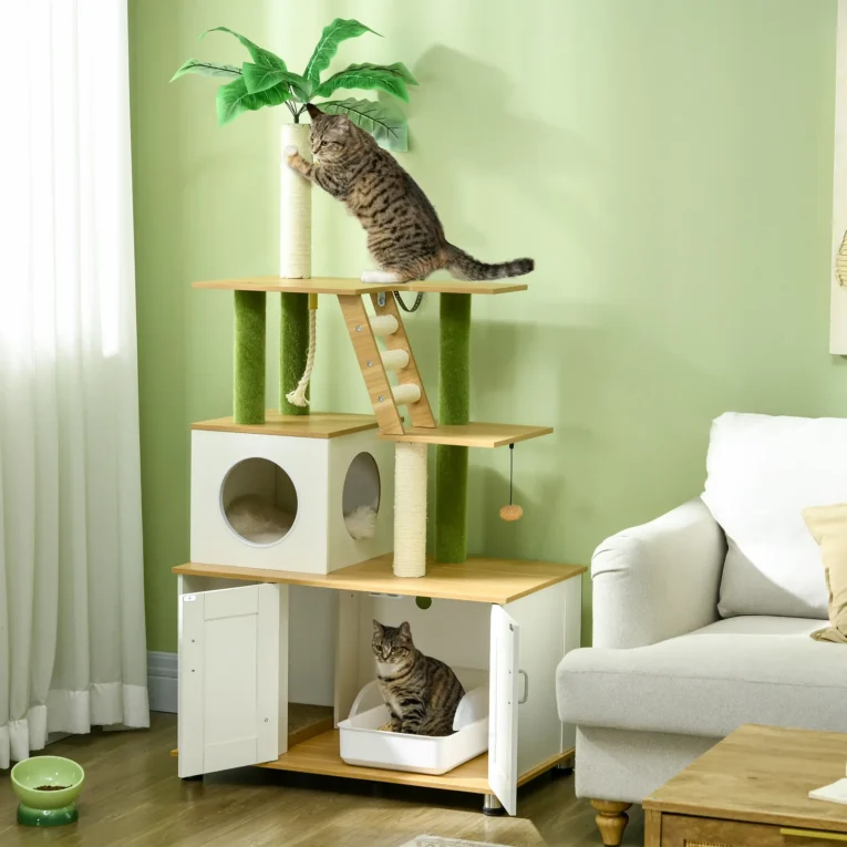 Cat Litter Cabinet with Climbing Tree and Scratching Posts – Oak and Cream Cat Litter Cabinet with Climbing Tree and Scratching Posts – Oak and Cream