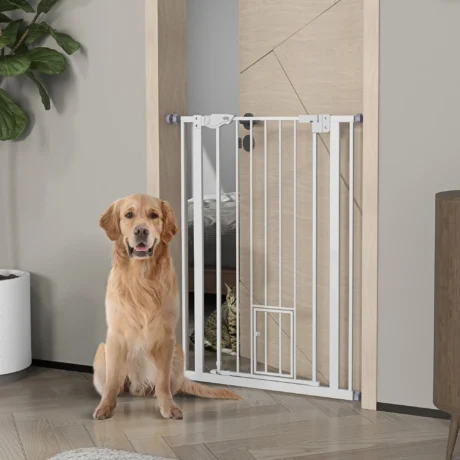 Extra Tall Steel Pet Gate with Cat Flap – White, 74–80cm