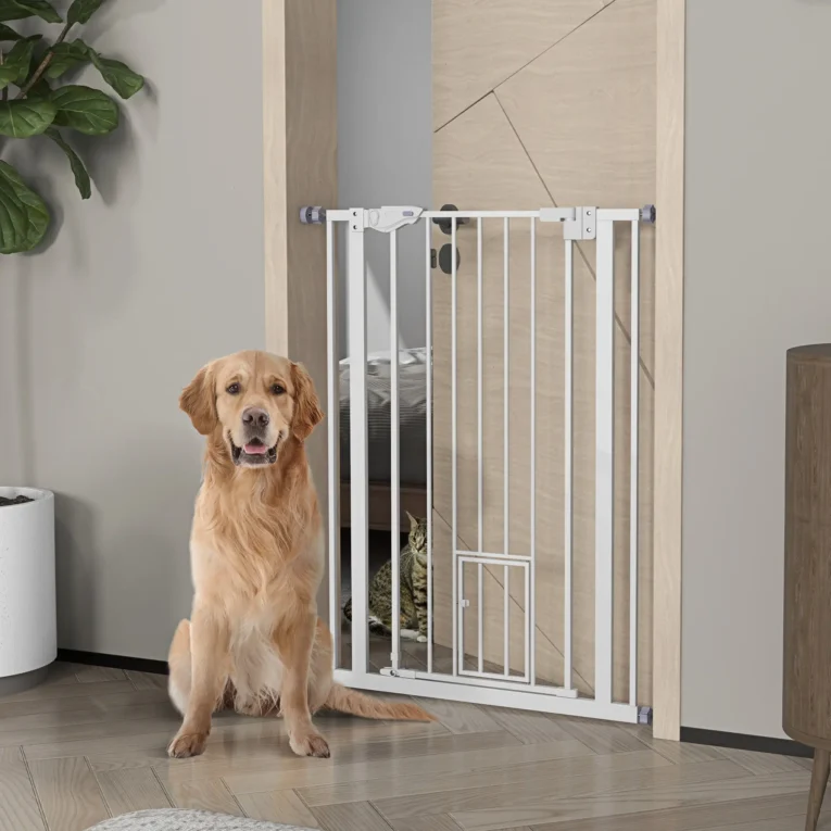 Extra Tall Steel Pet Gate with Cat Flap – White, 74–80cm