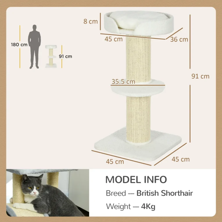 2-Tier Cat Tree with Basket Cushion Sisal Post – Cream White