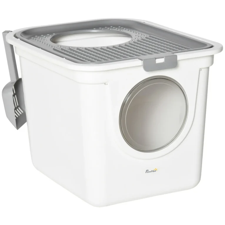 Enclosed Cat Litter Box with Front Entry and Top Exit – White