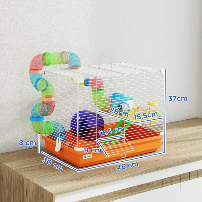 2-Tier Hamster Cage with Wheels and Tunnel Dwarf – Orange and white 2-Tier Hamster Cage with Wheels and Tunnel Dwarf – Orange and white