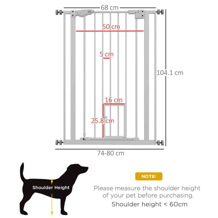 Extra Tall Steel Pet Gate with Cat Flap – White, 74–80cm