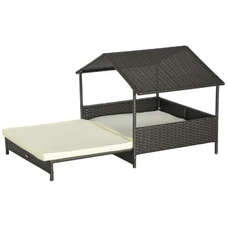 Rattan-Style Dog House with Pull-Out Bed and Cushion &ndash; Brown and Cream