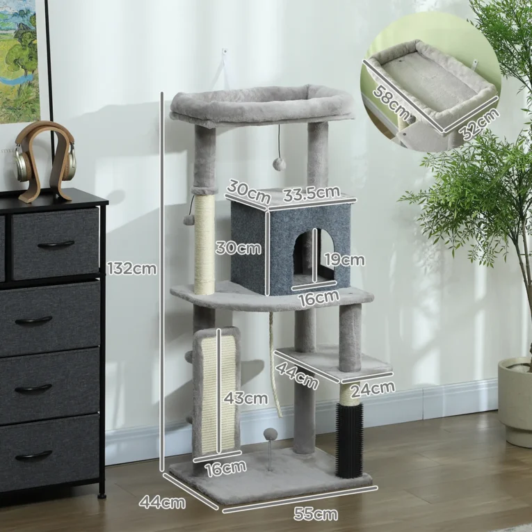 Cat Tower with Grooming Brush and Scratching Pad – Light Grey, 132cm
