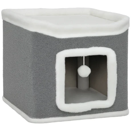 Two-Level Cat Hideaway with Top Bed and Toys &ndash; Grey, 41cm