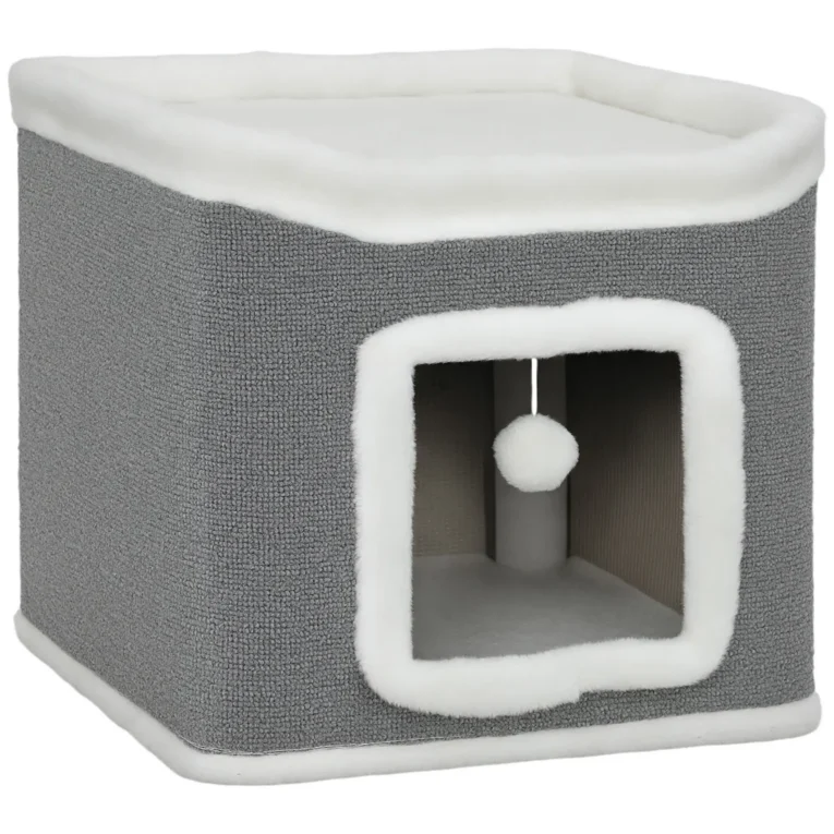 Two-Level Cat Hideaway with Top Bed and Toys – Grey, 41cm