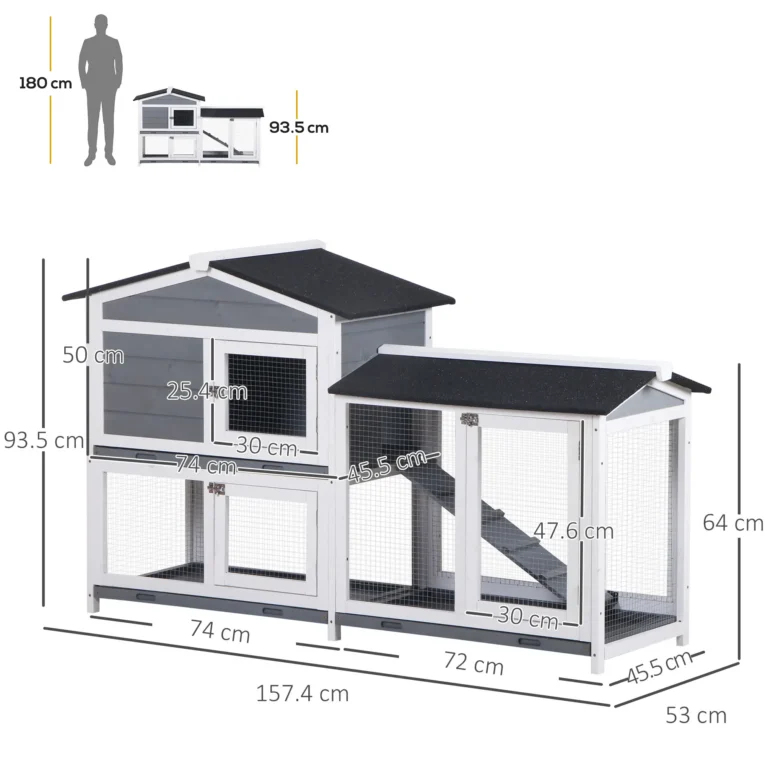 Wooden Rabbit Hutch 2-Tier with Tray – Grey, White, Black