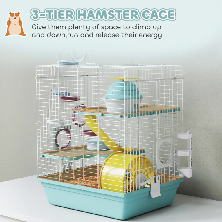 3-Level Hamster Cage with Wheel and Tunnel – Blue