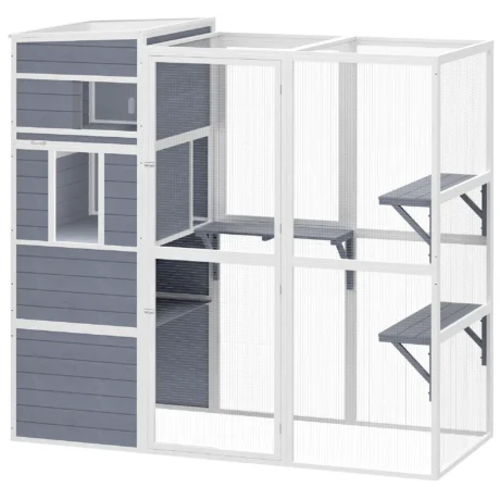 Wooden Outdoor Catio with Sheltered Rooms – Grey, 191cm