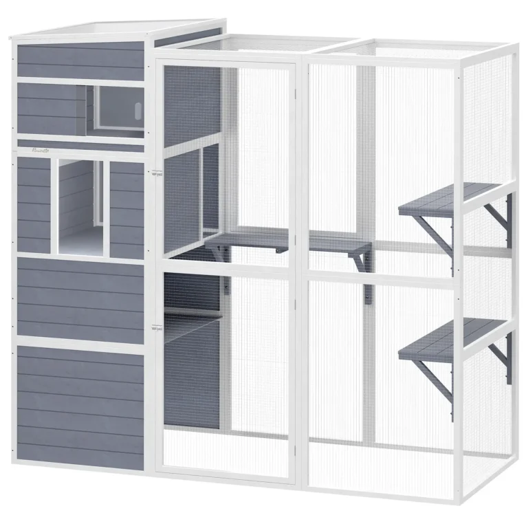 Wooden Outdoor Catio with Sheltered Rooms – Grey, 191cm Wooden Outdoor Catio with Sheltered Rooms – Grey, 191cm