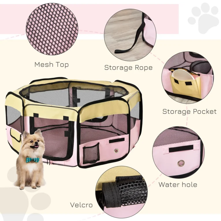 Fabric Pet Playpen Small Dia 90x41cm – Beige and Pink