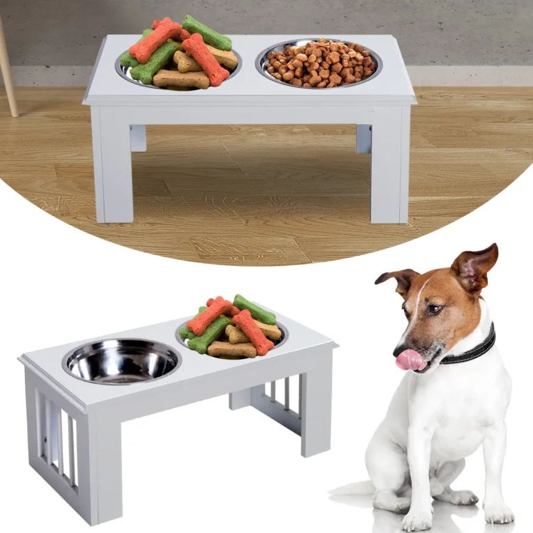 Raised Double Dog Bowl Stand – White, 25.4cm