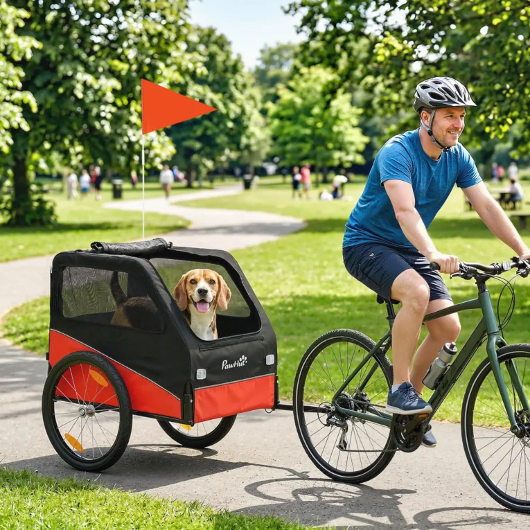 Folding Dog Bicycle Trailer with 20-Inch Wheels – Red and Black
