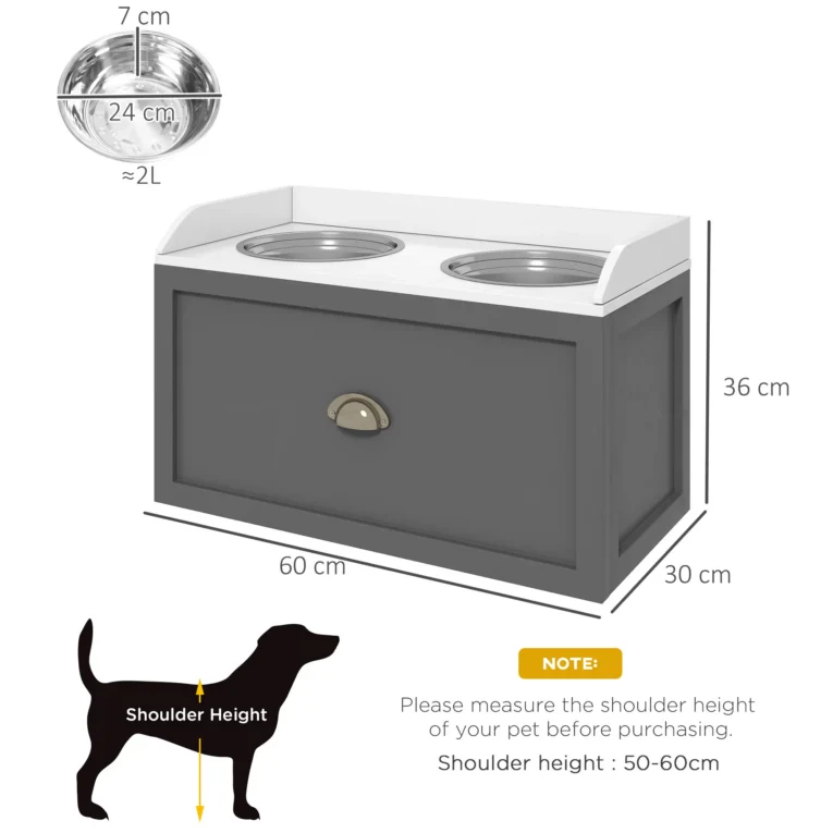Raised Double Dog Feeder with 21L Drawer – Grey
