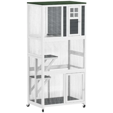 Tall Wheeled Cat Enclosure with Platforms – White and Grey
