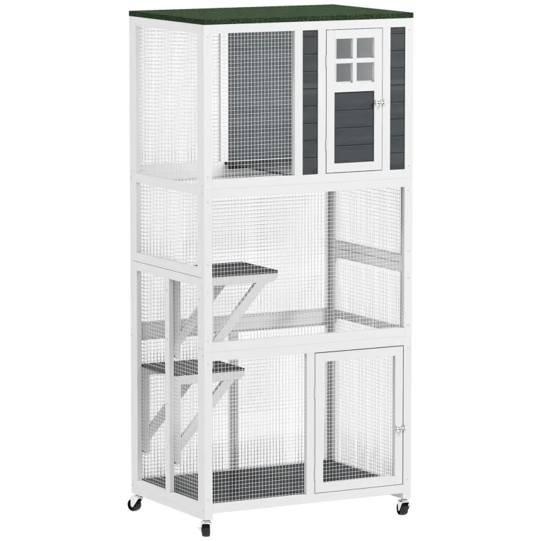 Tall Wheeled Cat Enclosure with Platforms – White and Grey