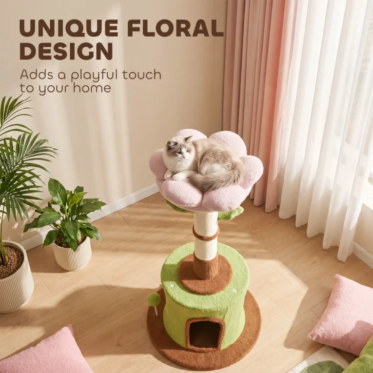 88cm Flower Cat Tree with Condo and Plush Bed – Green and Pink