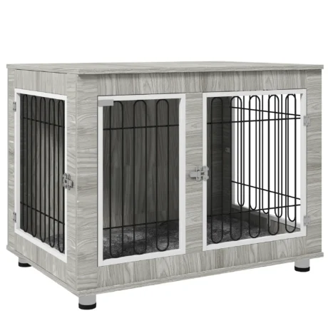 Furniture-Style Dog Crate with Cushion and Double Door – Grey