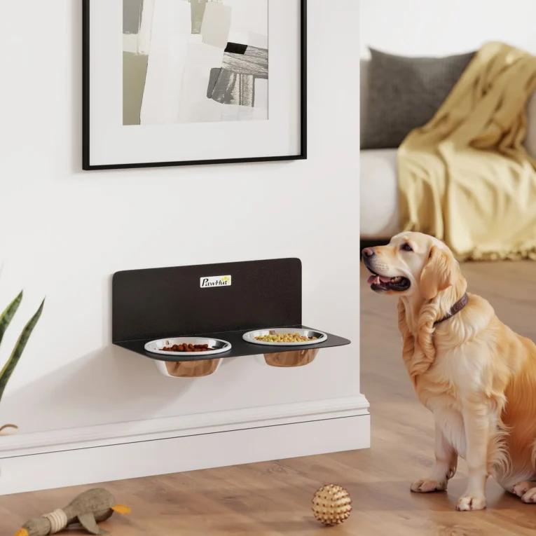 Wall-Mounted Adjustable Double Dog Bowls – Black, 800ml Each Wall-Mounted Adjustable Double Dog Bowls – Black, 800ml Each