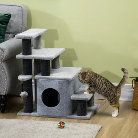 Four-Level Cat Steps with Den – Grey, 66cm