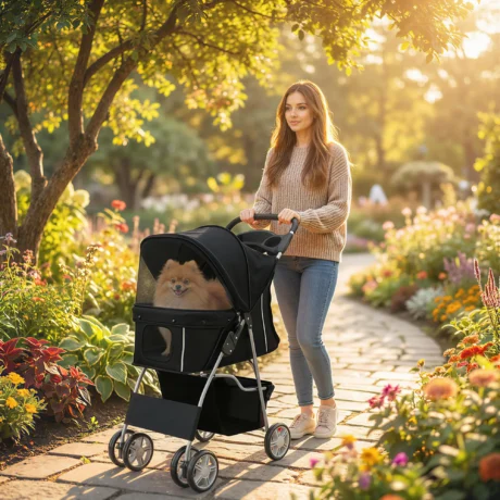 Folding Pet Stroller with Reflective Strips – Black, 10kg