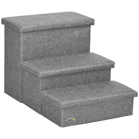 Three-Step Cat Stairs with Hidden Storage – Light Grey